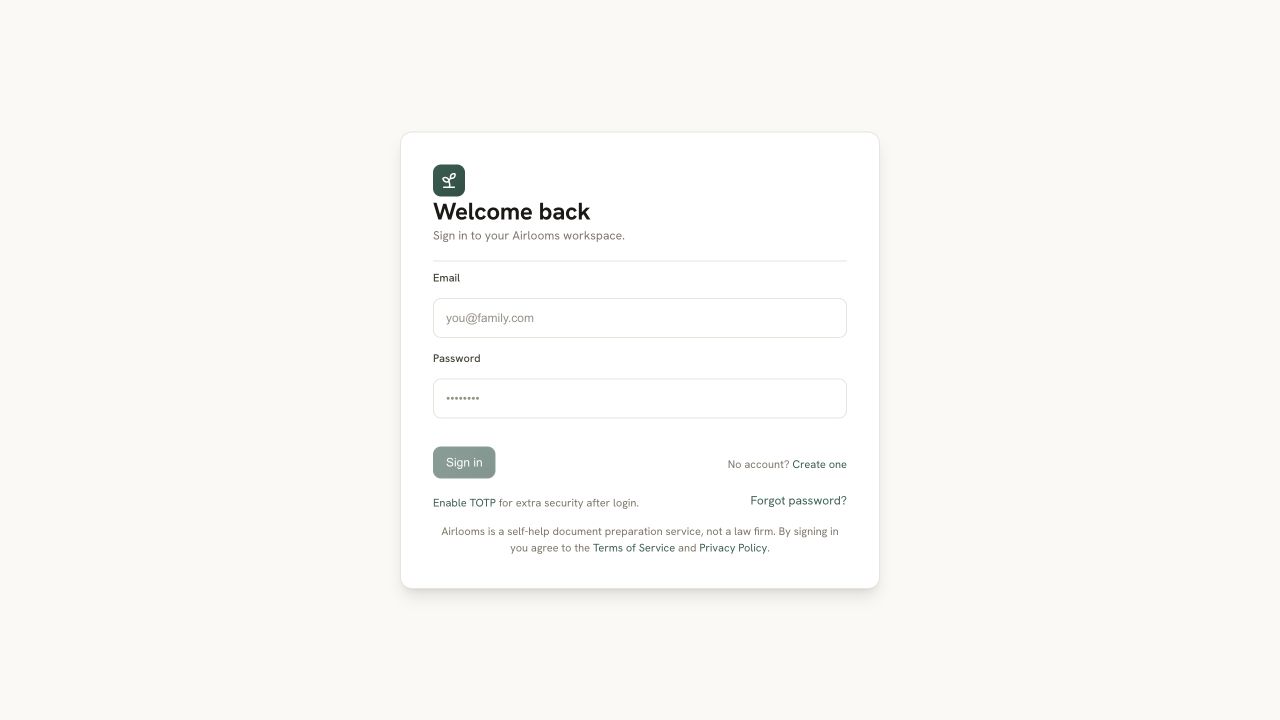 Airlooms product login for its estate planning workspace