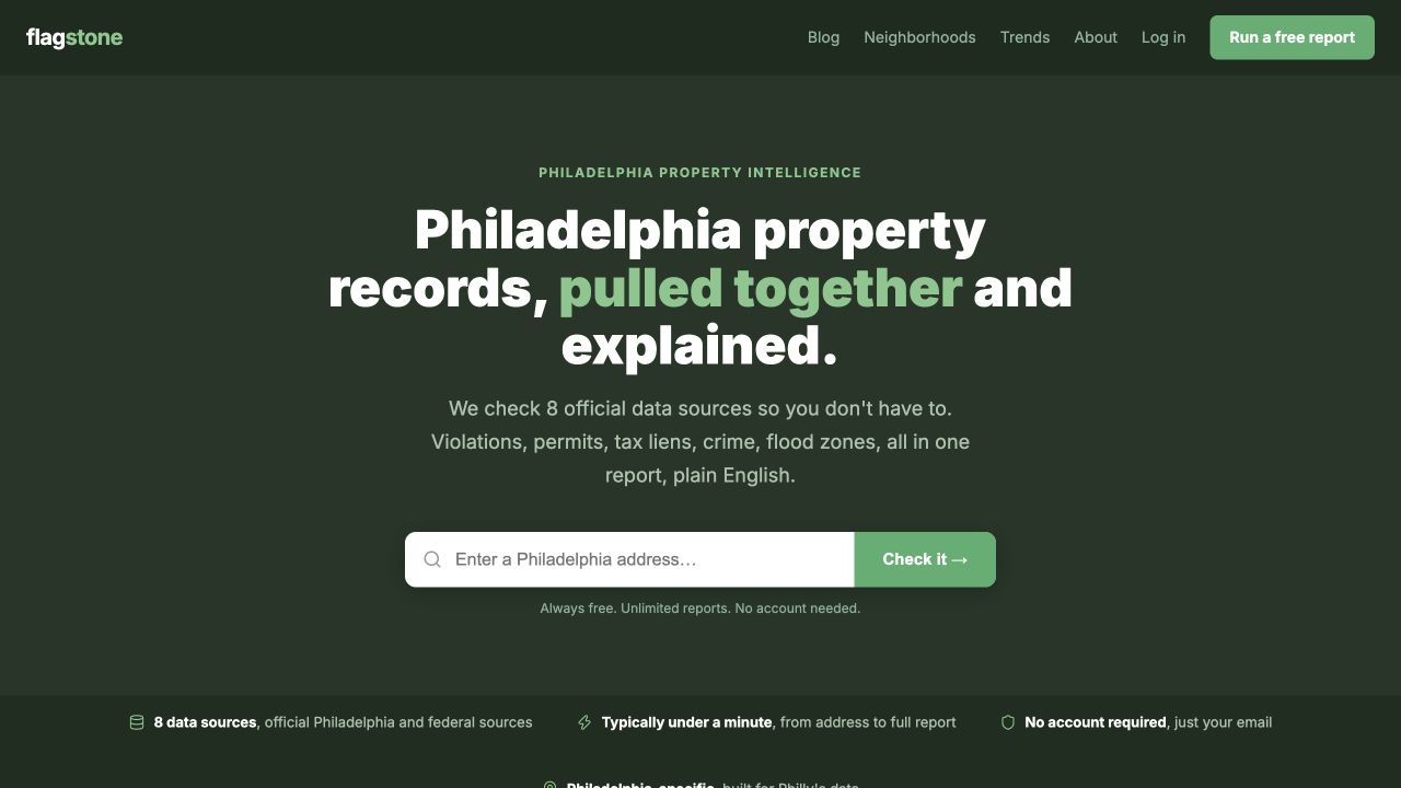 Flagstone website for Philadelphia property intelligence reports