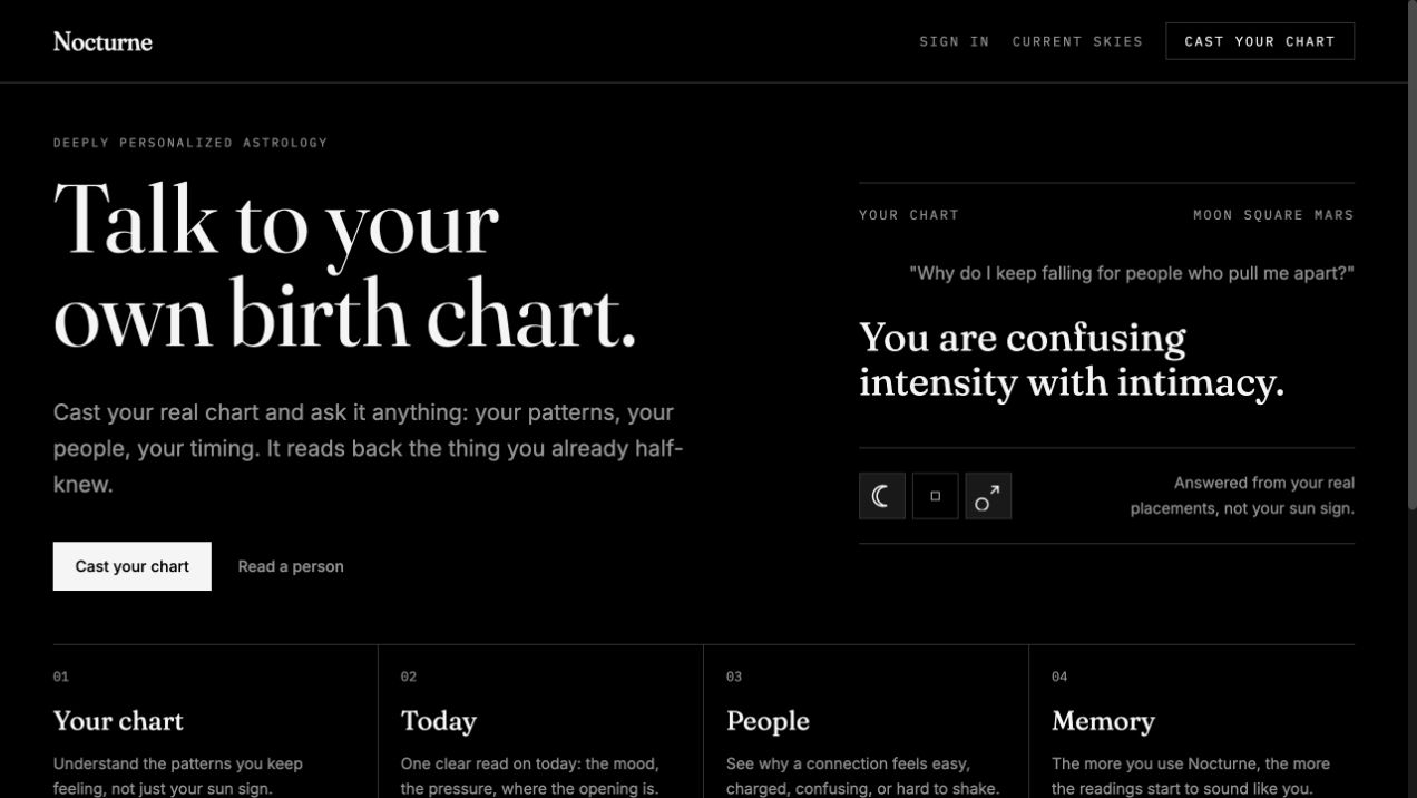 Nocturne website showing its personalized birth chart experience