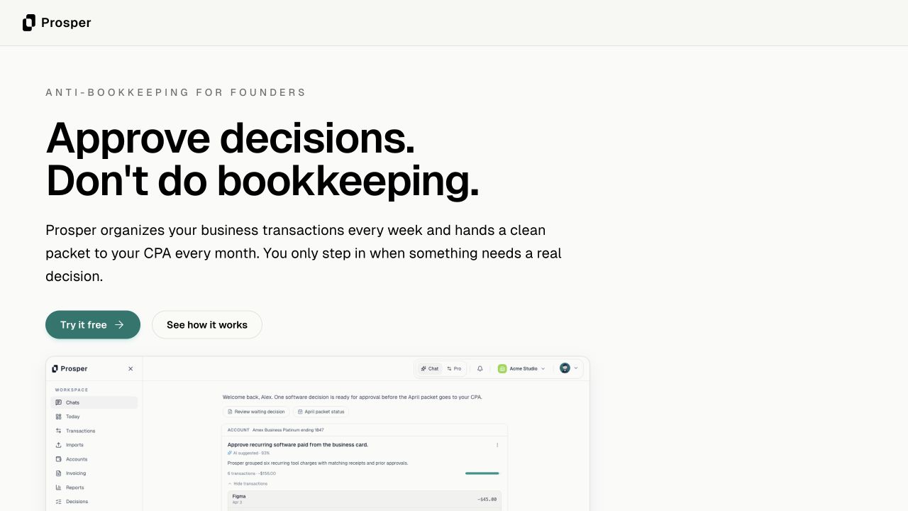 Prosper Finance website showing its bookkeeping decision workflow